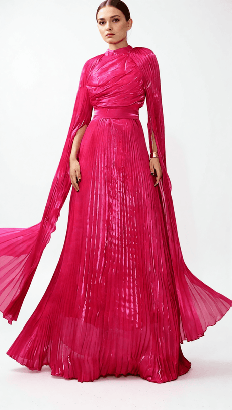 HODAYA VIBRANT PINK PLEATED LONG SLEEVE MAXI DRESS - ELEGANT FORMAL GOWN