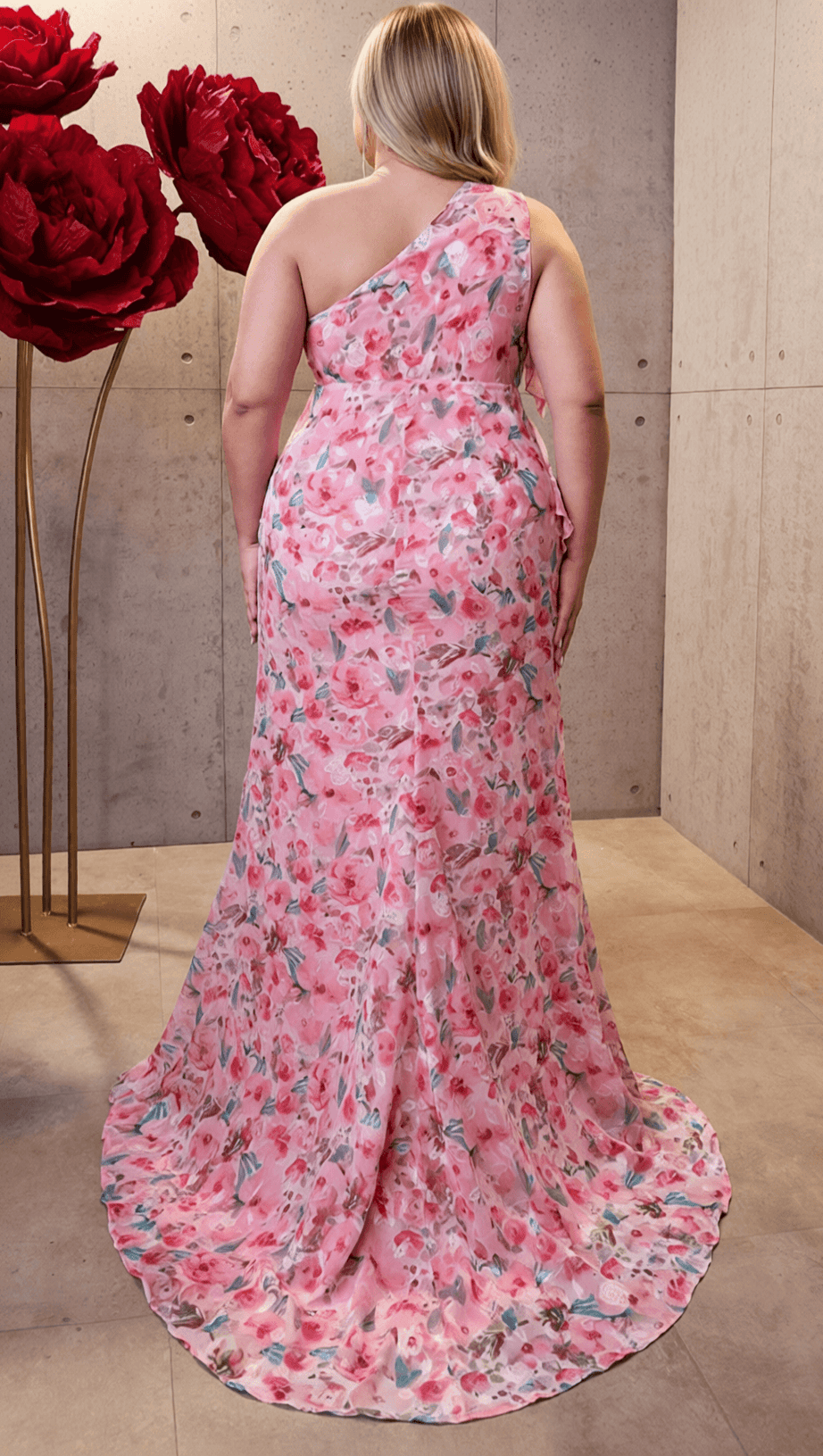 HEIZLE PINK FLORAL ONE-SHOULDER PLUS SIZE MAXI DRESS WITH RUFFLE HEM - EFFORTLESS ELEGANCE FOR SPECIAL OCCASIONS