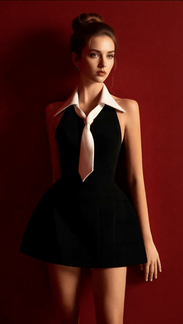 AIIZIE HECUBA CHIC BLACK MINI DRESS WITH CONTRAST COLLAR & TIE | STATEMENT STYLE - product image