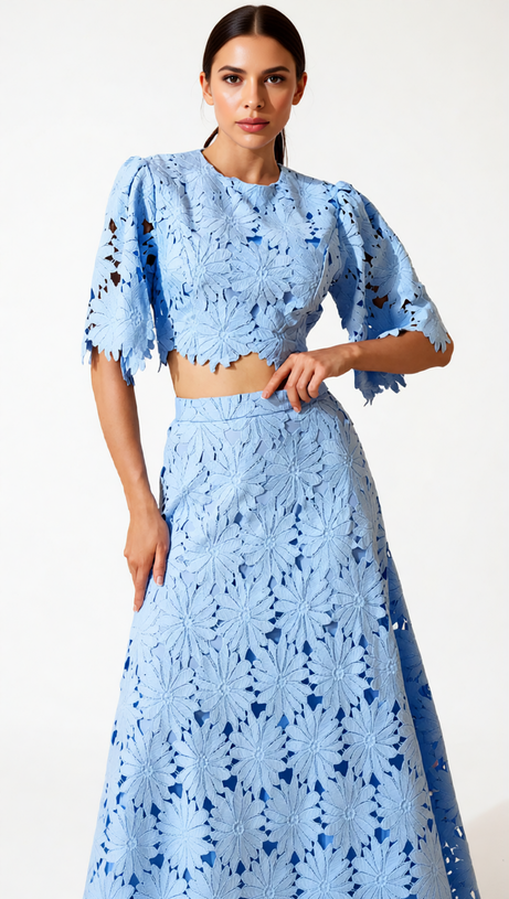 ZAELYTH ELEGANT FLORAL CUT-OUT LACE SKIRT SET - SKY BLUE CROP TOP & MIDI