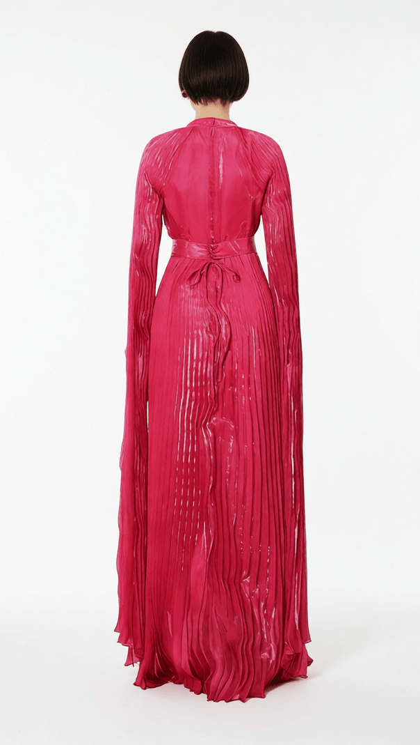 AIIZIE HODAYA VIBRANT PINK PLEATED LONG SLEEVE MAXI DRESS - ELEGANT FORMAL GOWN - product image