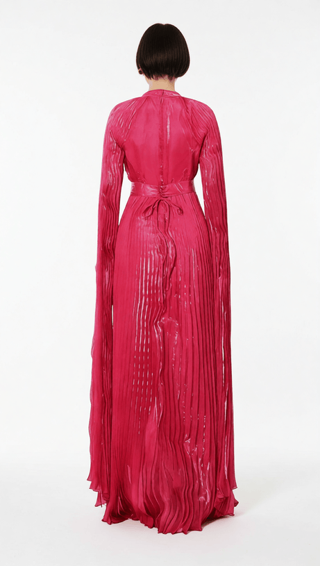 HODAYA VIBRANT PINK PLEATED LONG SLEEVE MAXI DRESS - ELEGANT FORMAL GOWN