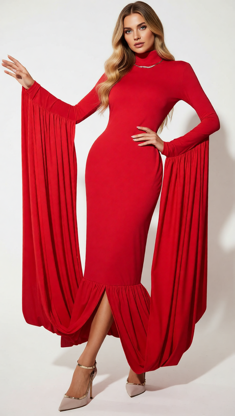 QAELTRIC HIGH NECK DRAPED MAXI DRESS | ELEGANT LONG SLEEVE EVENING GOWN
