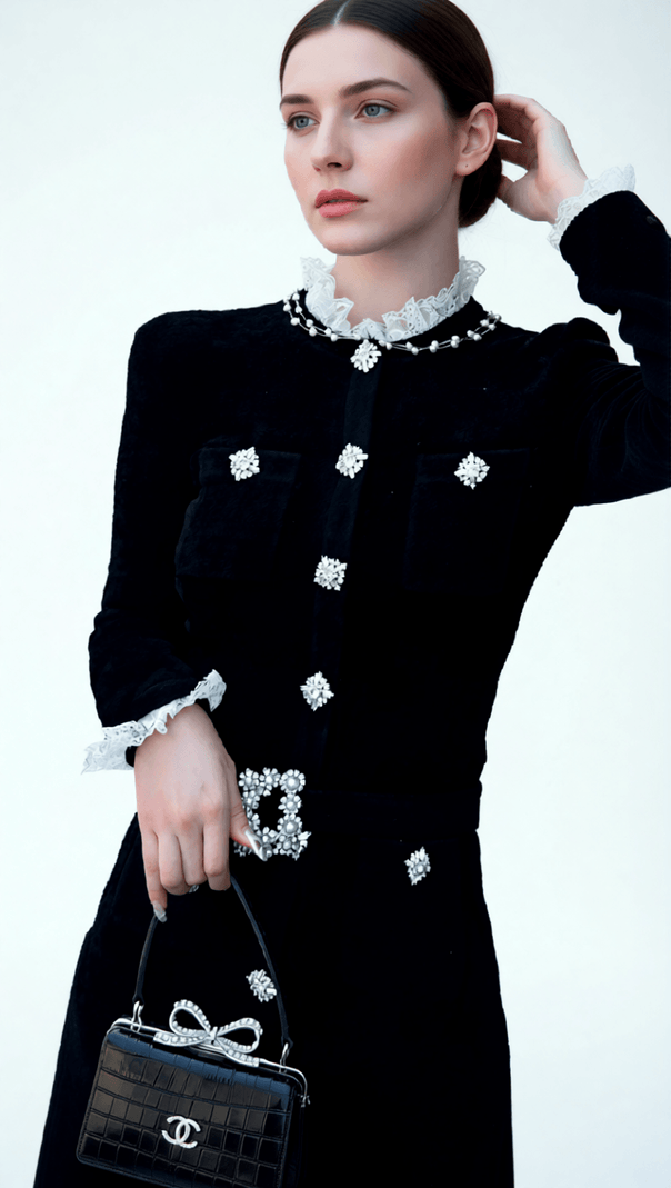AIIZIE HIRAANI BLACK VELVET GLAM MINI DRESS | LUXE RUFFLE LACE & CRYSTAL EMBELLISHMENTS - product image