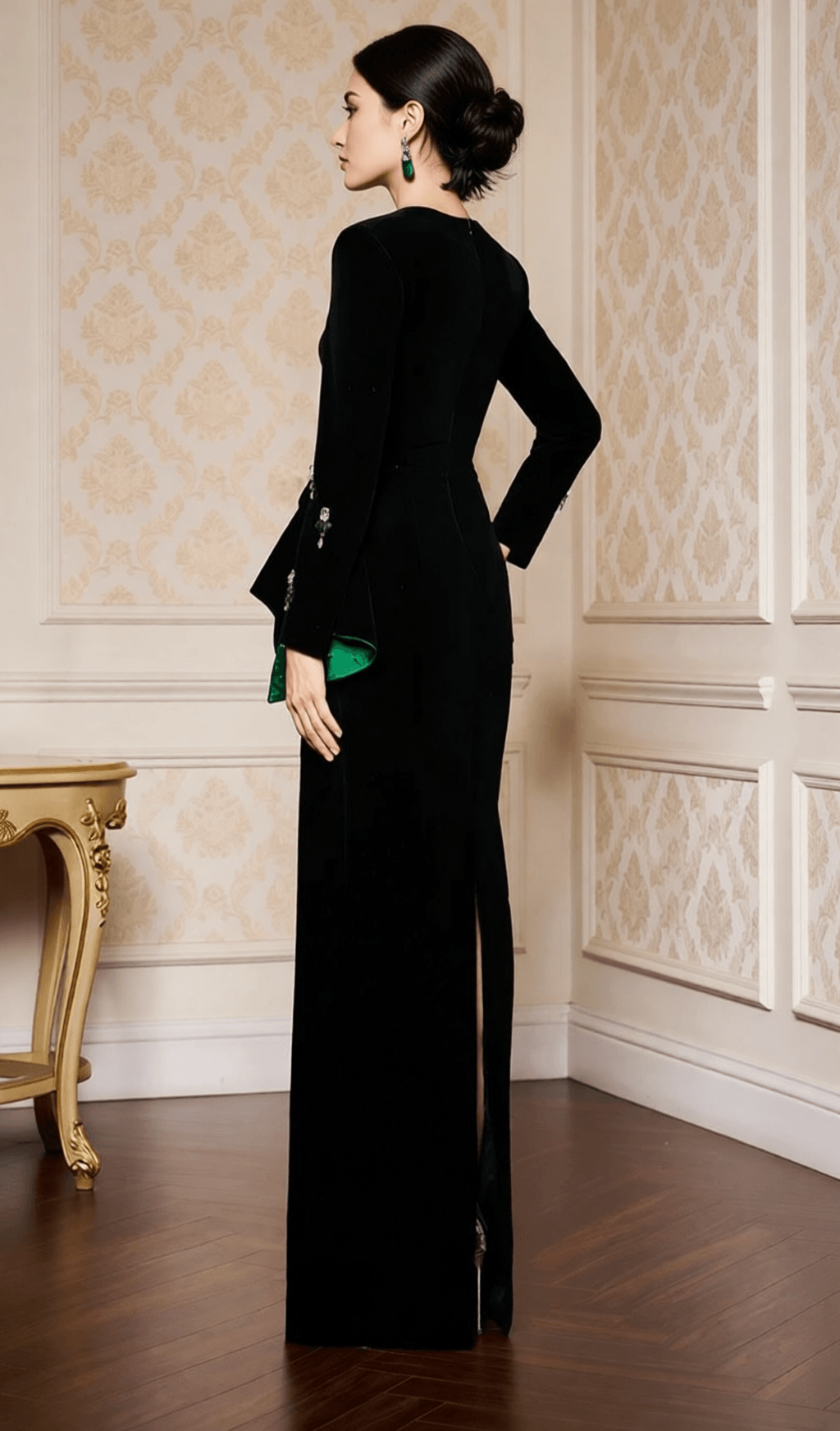 HEDYA BLACK VELVET & EMERALD CRYSTAL STATEMENT MAXI GOWN | LONG SLEEVE EVENING DRESS