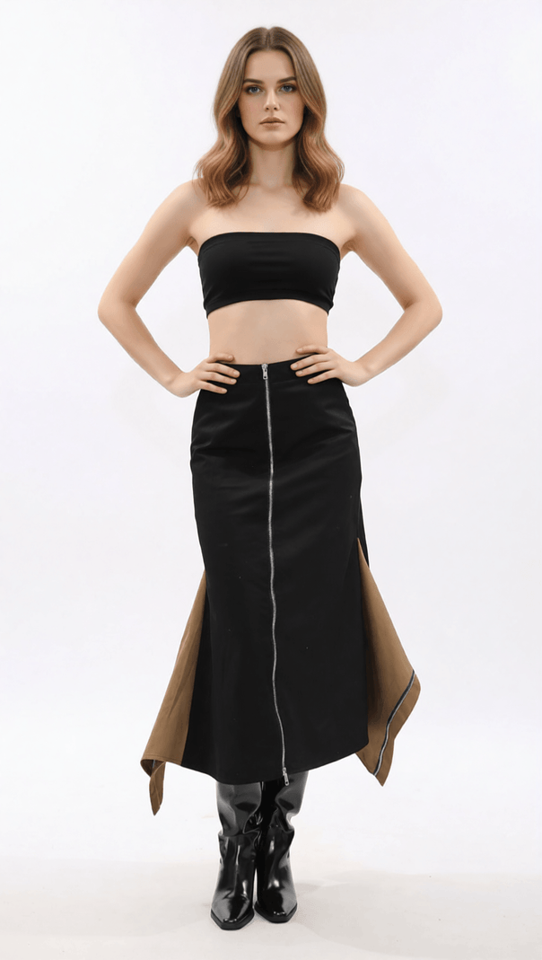 AIIZIE IDONIA TWO-TONE ZIPPER-FRONT MIDI SKIRT - MODERN BLACK CHIC - product image