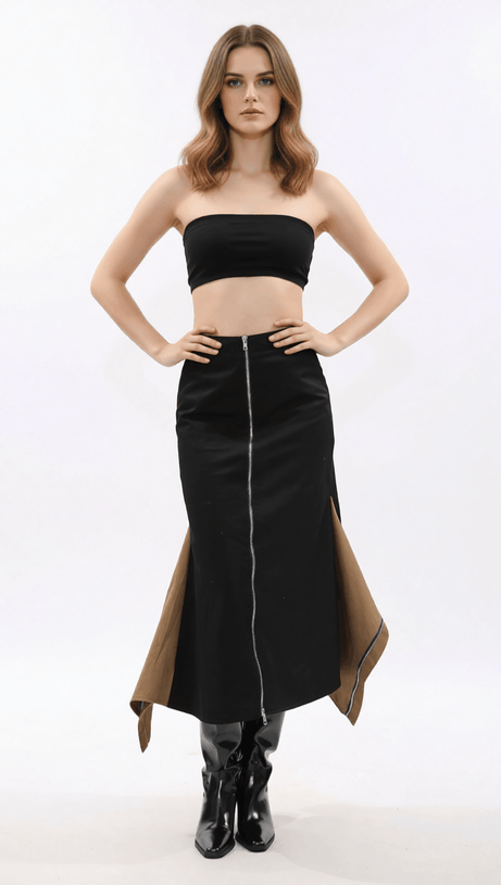 IDONIA TWO-TONE ZIPPER-FRONT MIDI SKIRT - MODERN BLACK CHIC