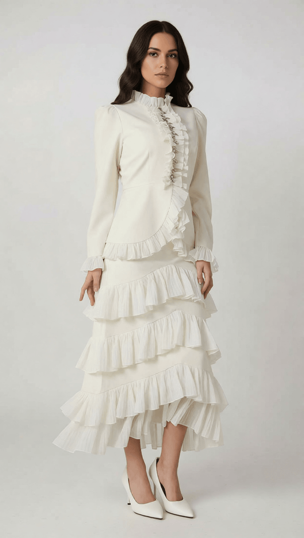 AIIZIE Ignace Elegant Ruffle Two-Piece Set - Long Sleeve Top & Tiered Maxi Skirt - product image