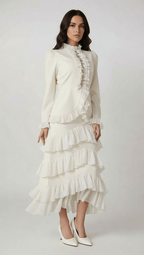 Ignace Elegant Ruffle Two-Piece Set - Long Sleeve Top & Tiered Maxi Skirt