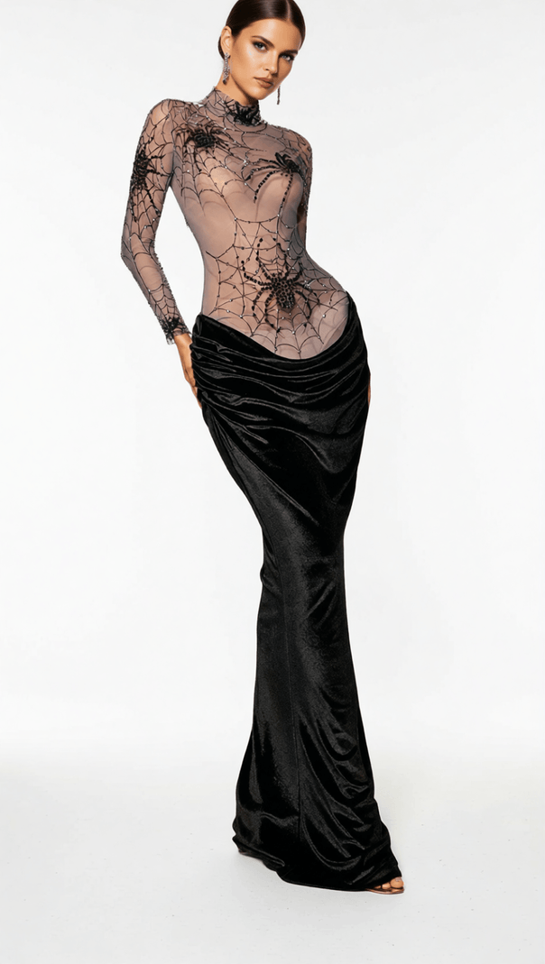AIIZIE KJARTAN GLAMOROUS HIGH NECK SPIDER WEB VELVET MAXI DRESS - STATEMENT EVENING GOWN - product image
