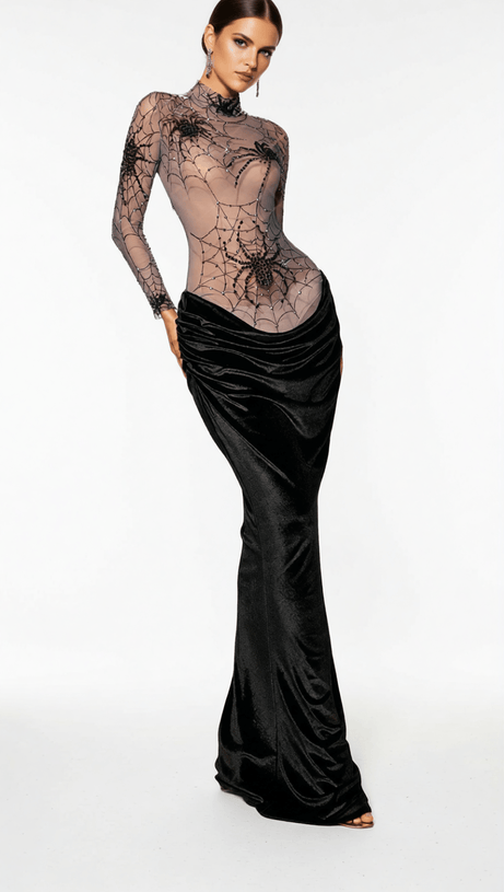 KJARTAN GLAMOROUS HIGH NECK SPIDER WEB VELVET MAXI DRESS - STATEMENT EVENING GOWN