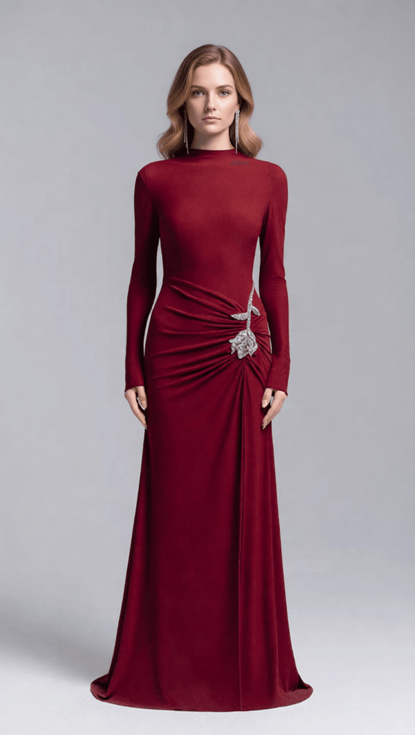 AIIZIE Elegant Merlot Ruched Long Sleeve Maxi Dress with Crystal Flower Embellishment - product image