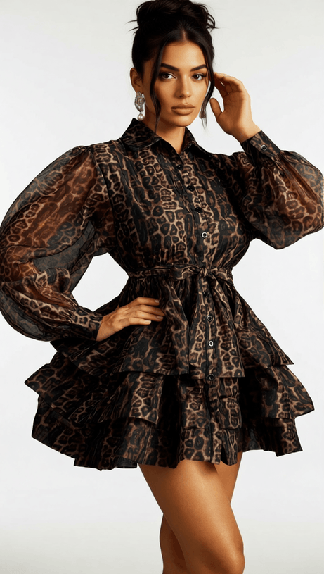 HAZRA FIERCE LEOPARD PRINT TIERED MINI DRESS | VOLUMINOUS SLEEVES & TIE WAIST