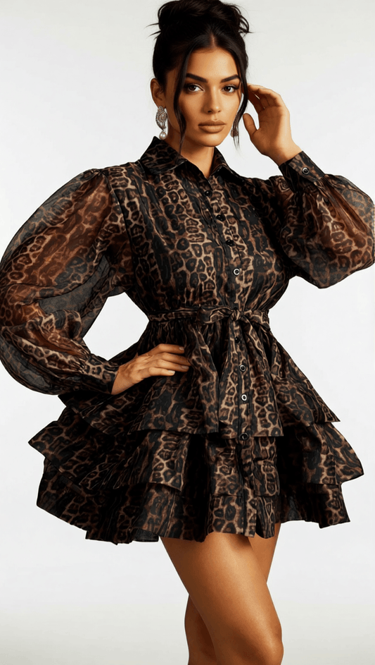 AIIZIE HAZRA FIERCE LEOPARD PRINT TIERED MINI DRESS | VOLUMINOUS SLEEVES & TIE WAIST - product image