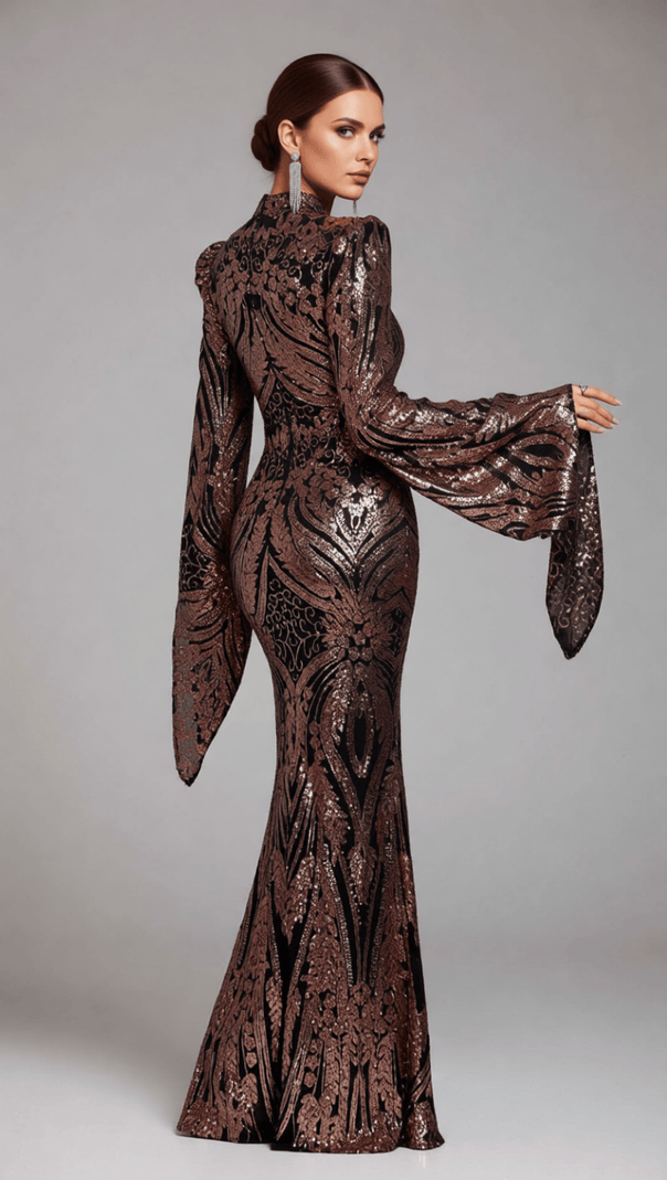 AIIZIE Iben Dazzling Sequin Maxi Dress | Long Sleeve Black & Rose Gold Evening Gown - product image