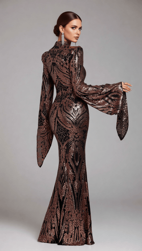 Iben Dazzling Sequin Maxi Dress | Long Sleeve Black & Rose Gold Evening Gown