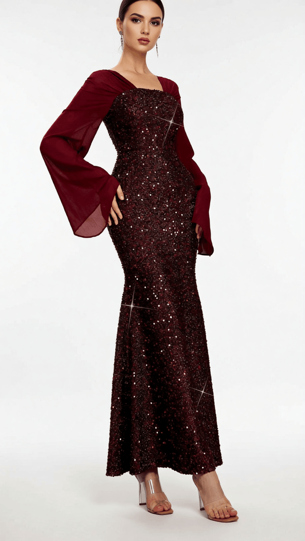 AIIZIE HONOVI DAZZLING WINE SEQUIN LONG SLEEVE MAXI DRESS - ELEGANT FORMAL GOWN - product image