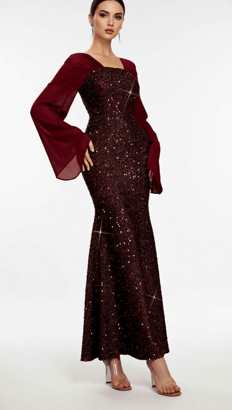 HONOVI DAZZLING WINE SEQUIN LONG SLEEVE MAXI DRESS - ELEGANT FORMAL GOWN