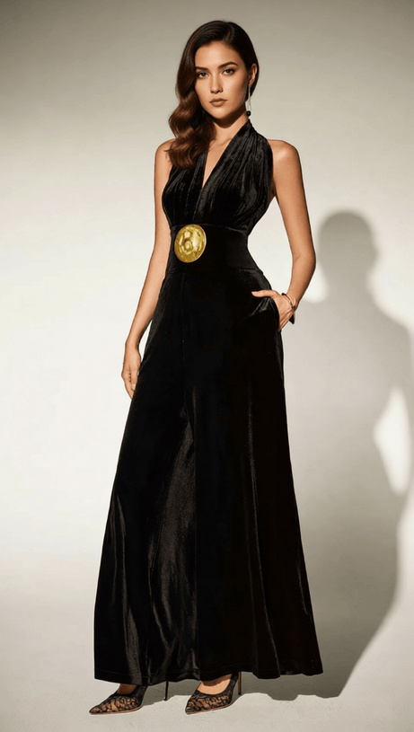 BRYTNI HALTERNECK VELVET JUMPSUIT | ELEGANT WIDE-LEG WITH STATEMENT GOLD BUCKLE