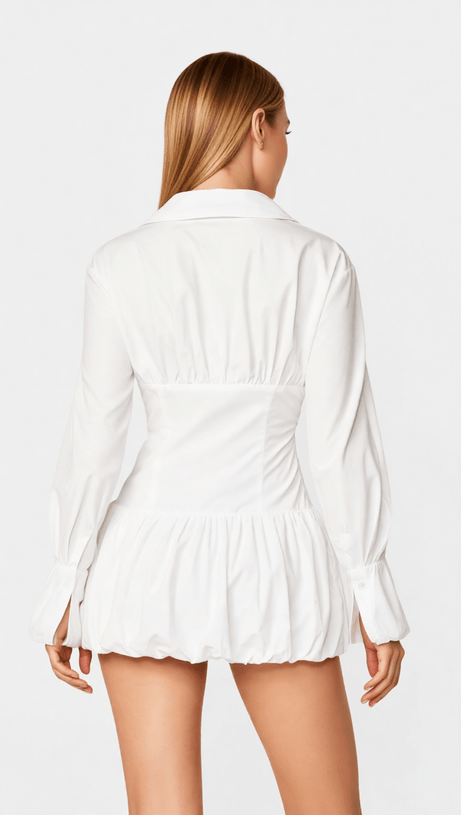 KAZRA CHIC WHITE RUCHED BUBBLE MINI DRESS WITH FOLDED COLLAR