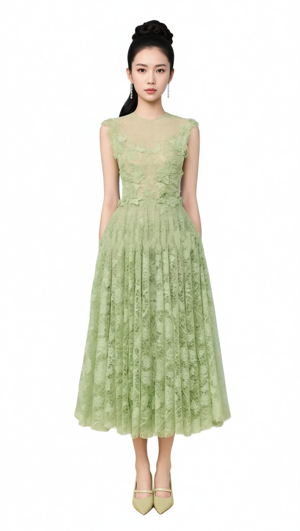 AIIZIE HISAYE ENCHANTING LACE & MESH PLEATED MIDI DRESS - ETHEREAL GREEN FOR SPECIAL OCCASIONS - product image
