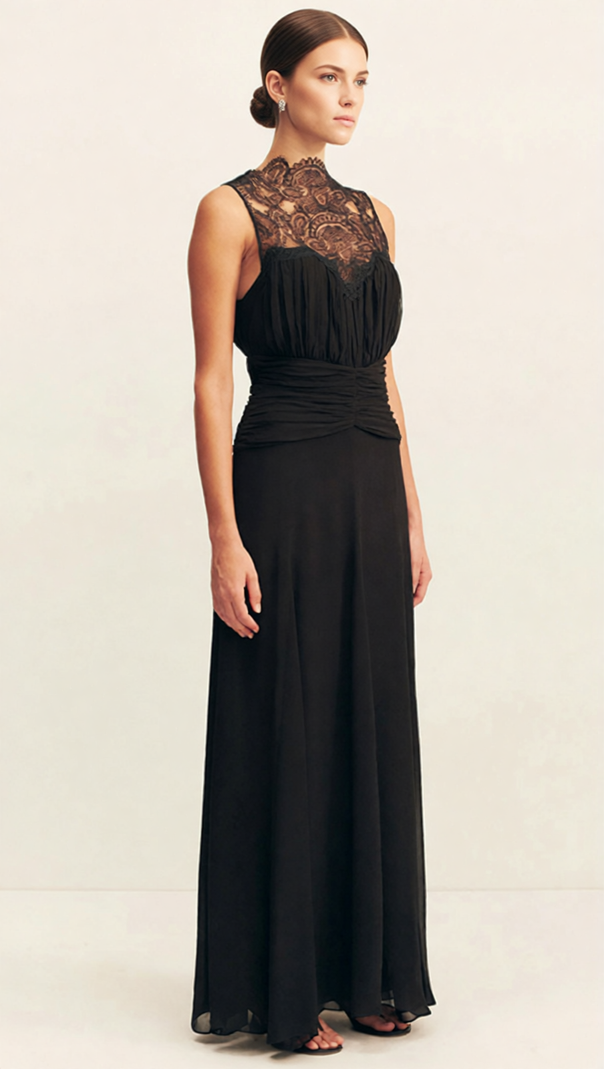AIIZIE IONA ELEGANT BLACK LACE RUCHED SLEEVELESS MAXI GOWN - product image