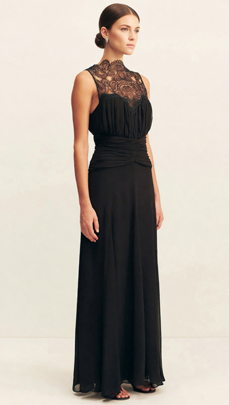 IONA ELEGANT BLACK LACE RUCHED SLEEVELESS MAXI GOWN