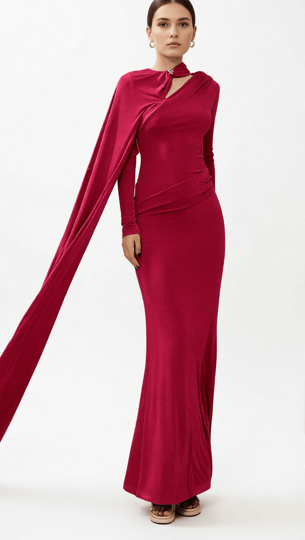 AIIZIE HOLA STRAP ELEGANT DRAPED LONG SLEEVE MAXI DRESS - SOPHISTICATED EVENING GOWN - product image
