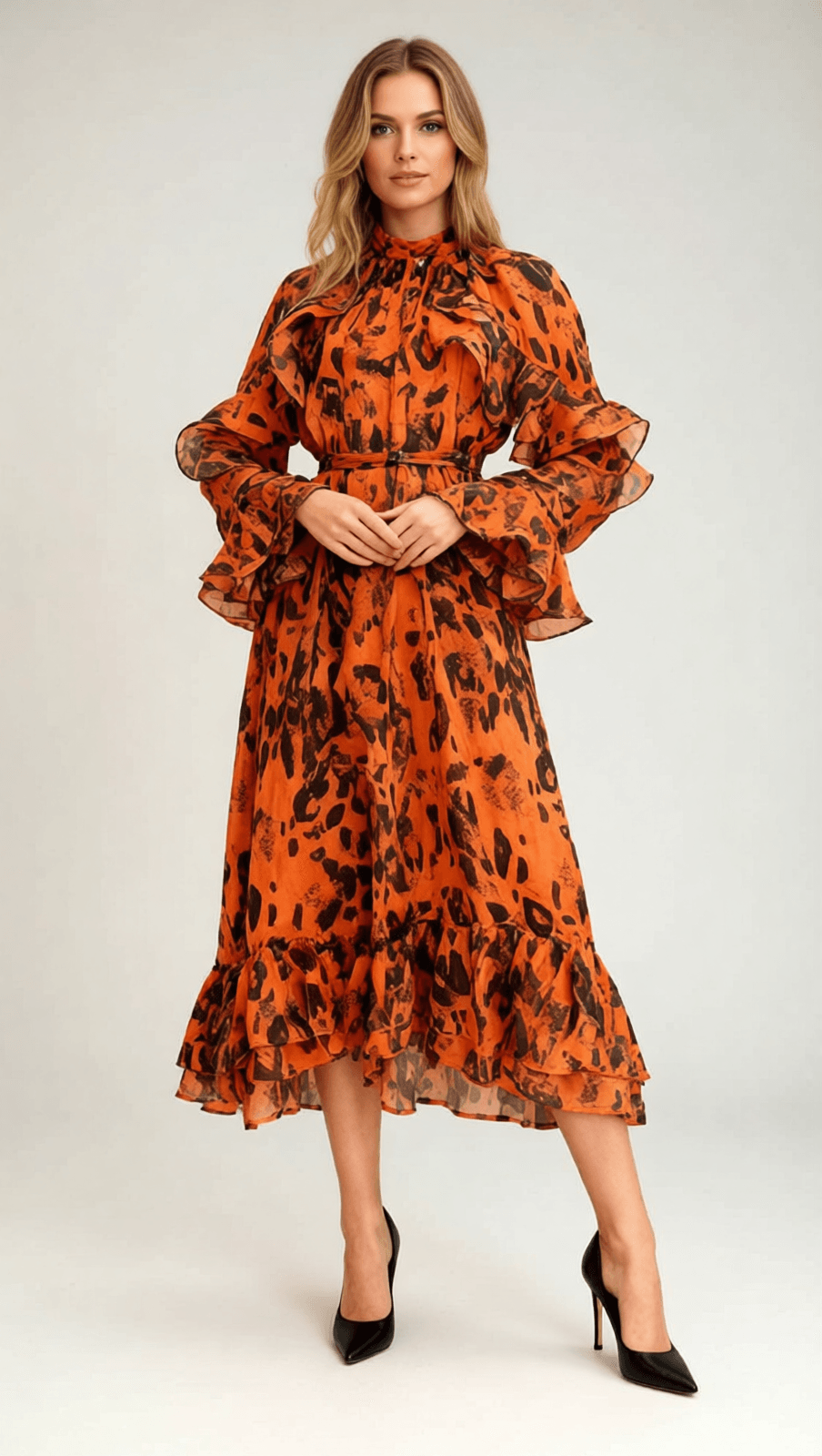 Chic Orange Leopard Ruffle Midi Dress | Long Sleeve Statement Style