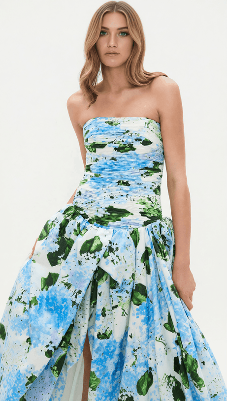 HESTIA STRAPLESS BLUE FLORAL MAXI DRESS - ELEGANT GARDEN PRINT