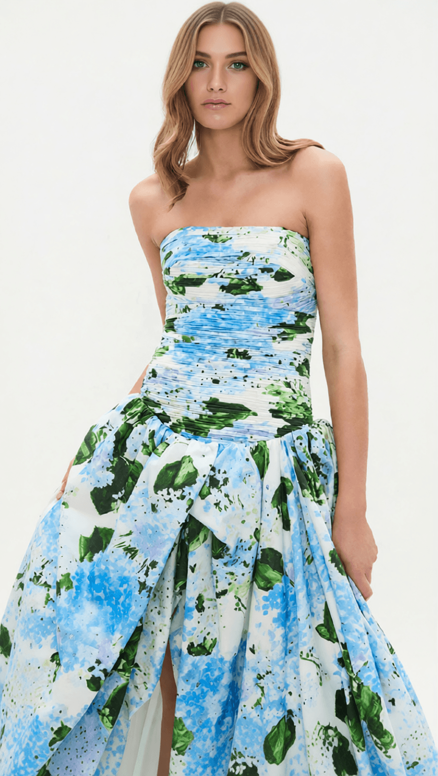 HESTIA STRAPLESS BLUE FLORAL MAXI DRESS - ELEGANT GARDEN PRINT