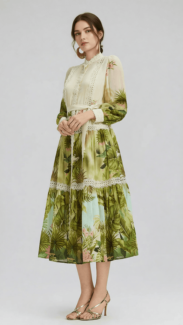 AIIZIE ELEGANT TROPICAL HIBISCUS PRINT TIERED MIDI DRESS WITH LACE & TIE-WAIST - product image
