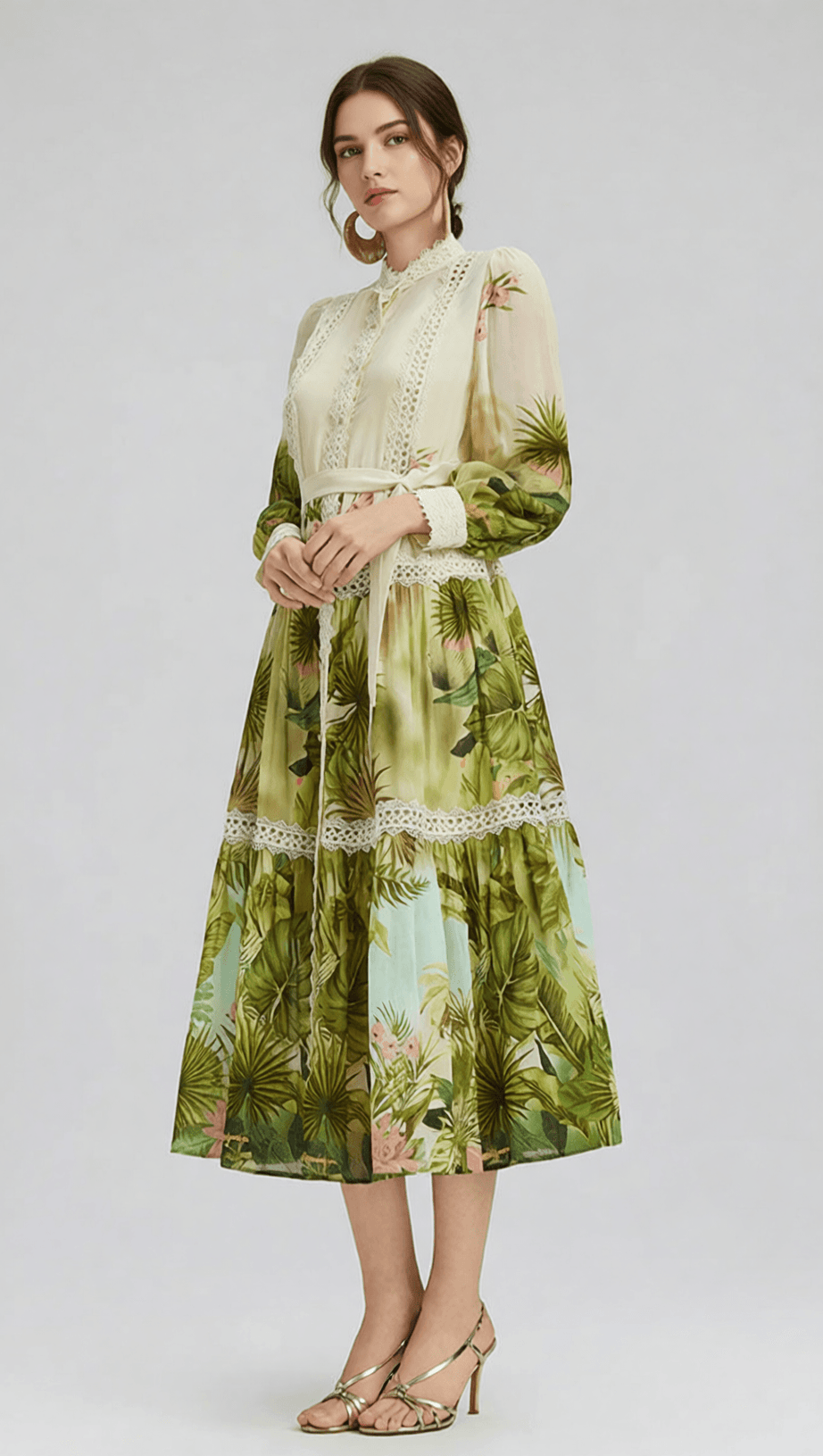 ELEGANT TROPICAL HIBISCUS PRINT TIERED MIDI DRESS WITH LACE & TIE-WAIST