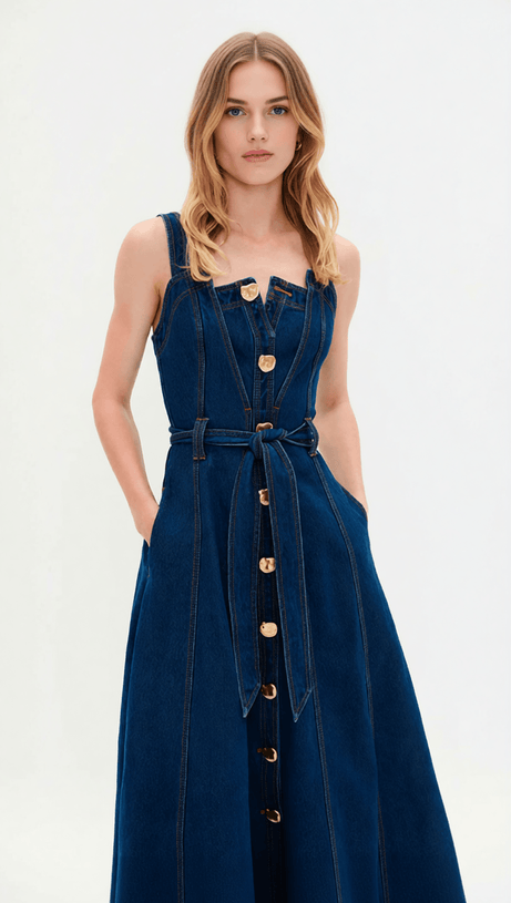 EFFORTLESS CHIC: WOMEN'S BUTTON-FRONT BELTED DENIM MIDI DRESS