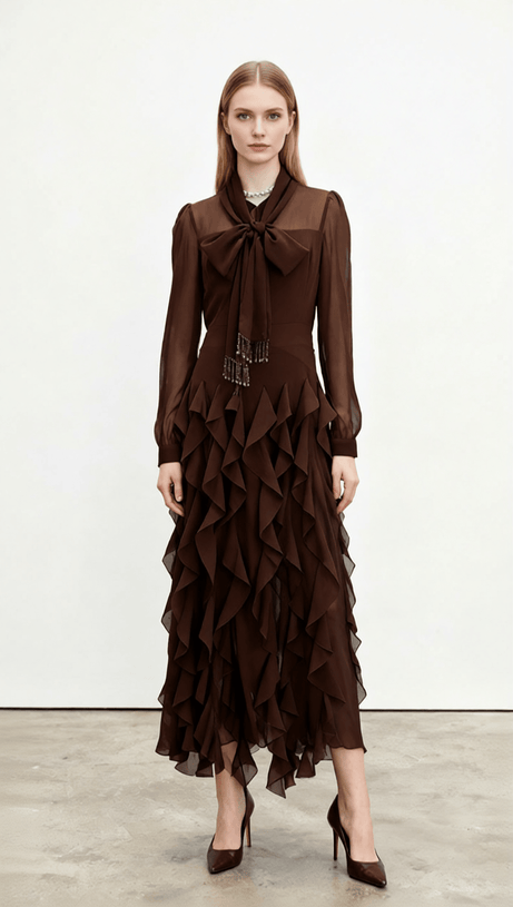 Isaak Ethereal Ruffle Maxi Gown - Elegant Chiffon Dress with Statement Bow Neck