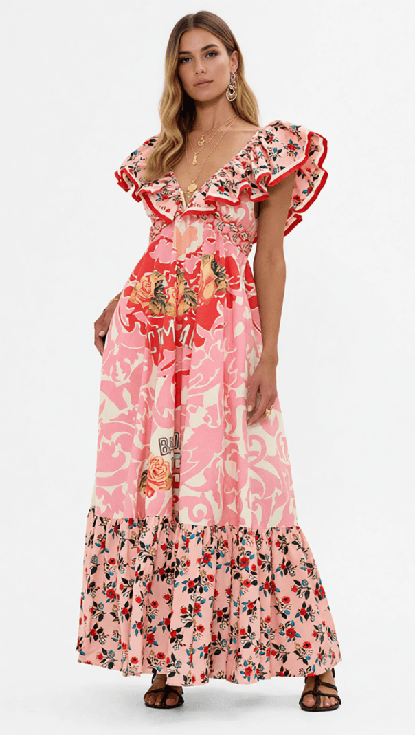 AIIZIE IRINA CHIC PINK FLORAL V-NECK MAXI DRESS - BOHEMIAN TIERED PRINT - product image