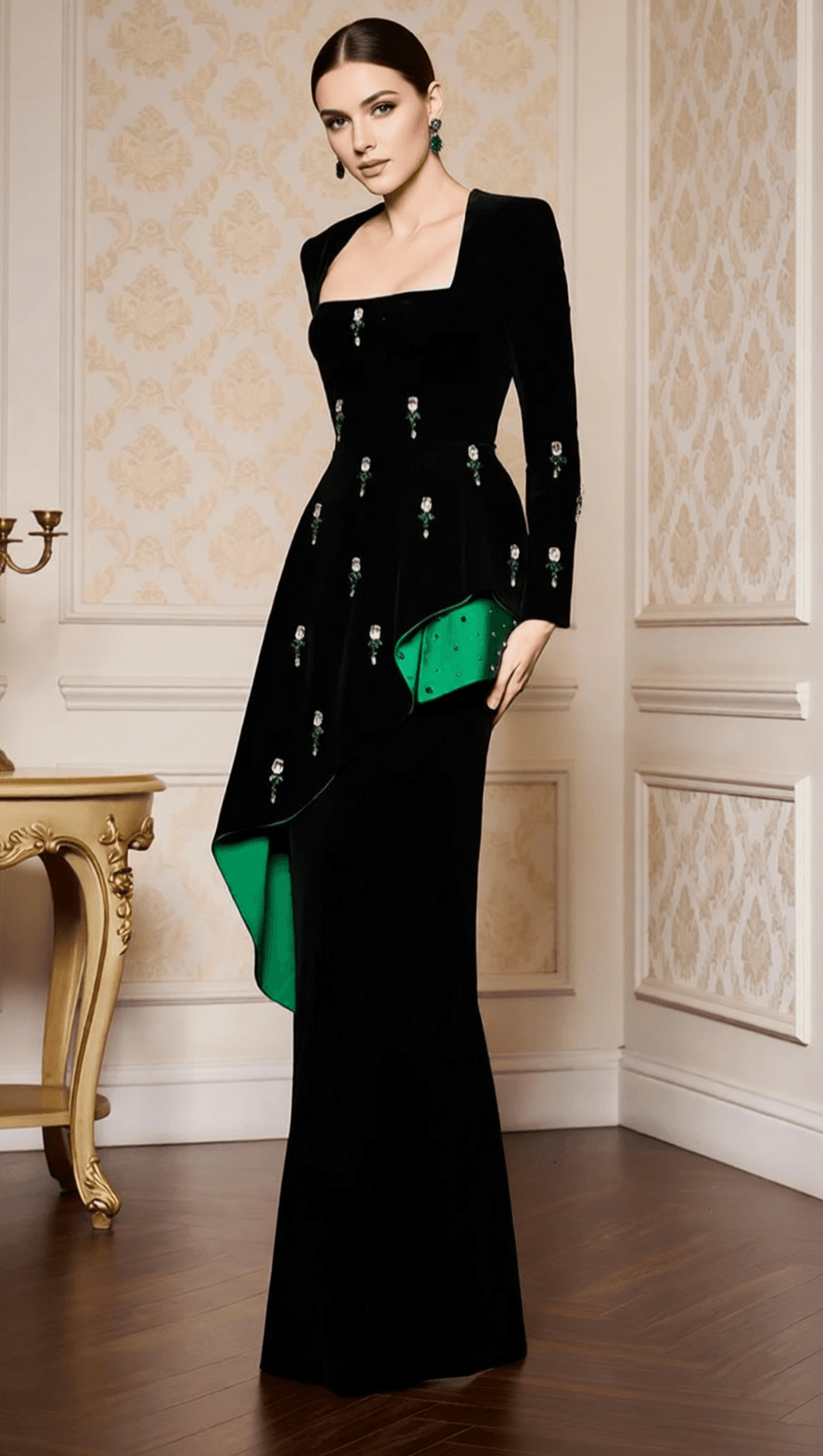 HEDYA BLACK VELVET & EMERALD CRYSTAL STATEMENT MAXI GOWN | LONG SLEEVE EVENING DRESS