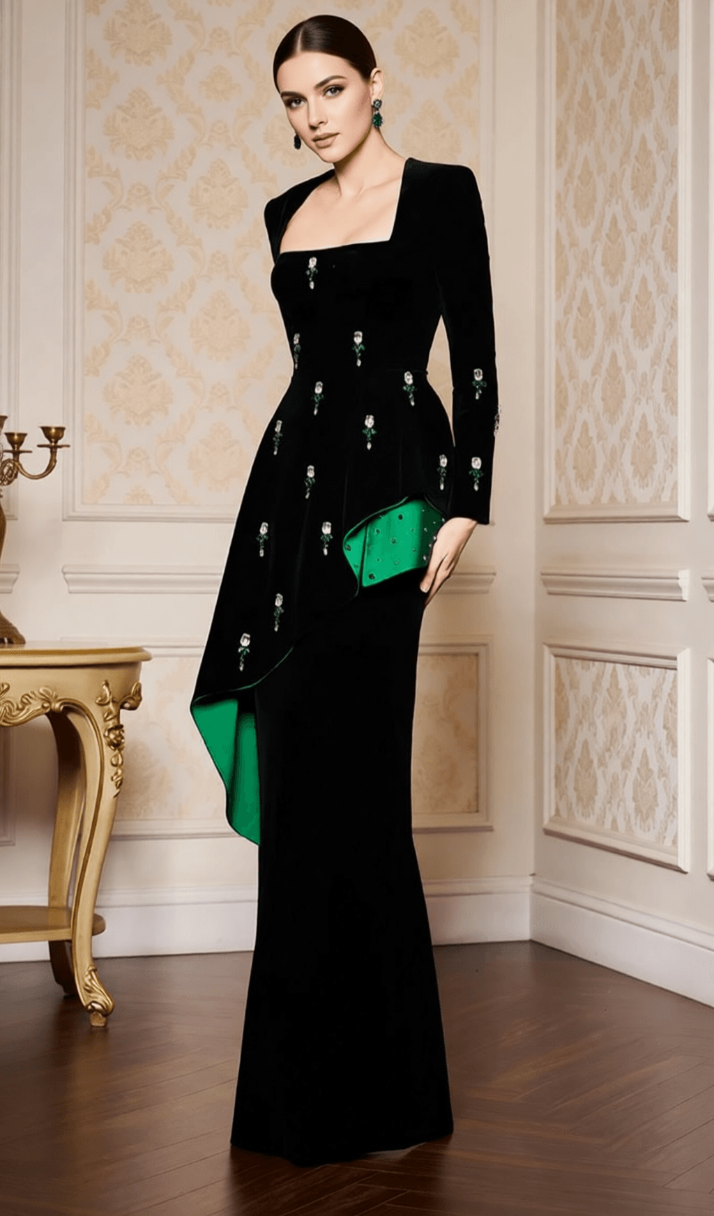 HEDYA BLACK VELVET & EMERALD CRYSTAL STATEMENT MAXI GOWN | LONG SLEEVE EVENING DRESS