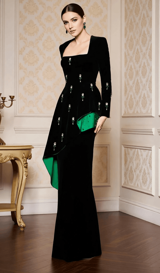 AIIZIE HEDYA BLACK VELVET & EMERALD CRYSTAL STATEMENT MAXI GOWN | LONG SLEEVE EVENING DRESS - product image
