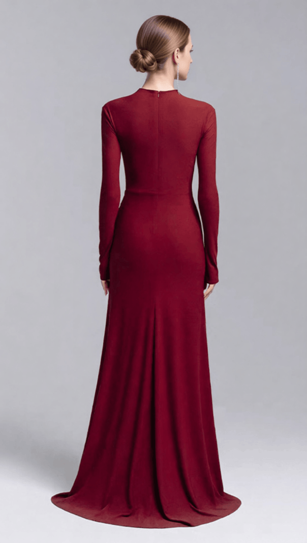 AIIZIE Elegant Merlot Ruched Long Sleeve Maxi Dress with Crystal Flower Embellishment - product image