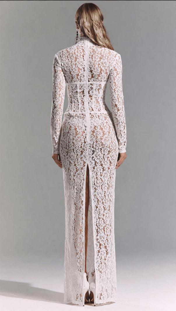 AIIZIE ISOLDE WHITE FLORAL LACE CORSET MAXI DRESS - ETHEREAL ELEGANCE FOR WEDDINGS & GALAS - product image