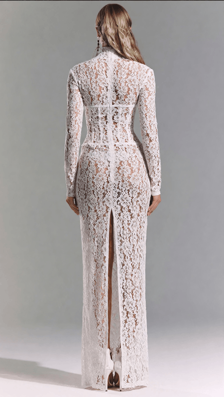 ISOLDE WHITE FLORAL LACE CORSET MAXI DRESS - ETHEREAL ELEGANCE FOR WEDDINGS & GALAS