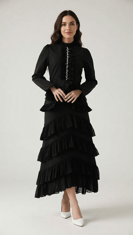 Ignace Elegant Ruffle Two-Piece Set - Long Sleeve Top & Tiered Maxi Skirt