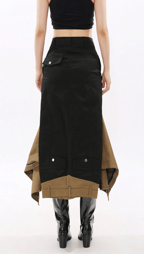 IDONIA TWO-TONE ZIPPER-FRONT MIDI SKIRT - MODERN BLACK CHIC