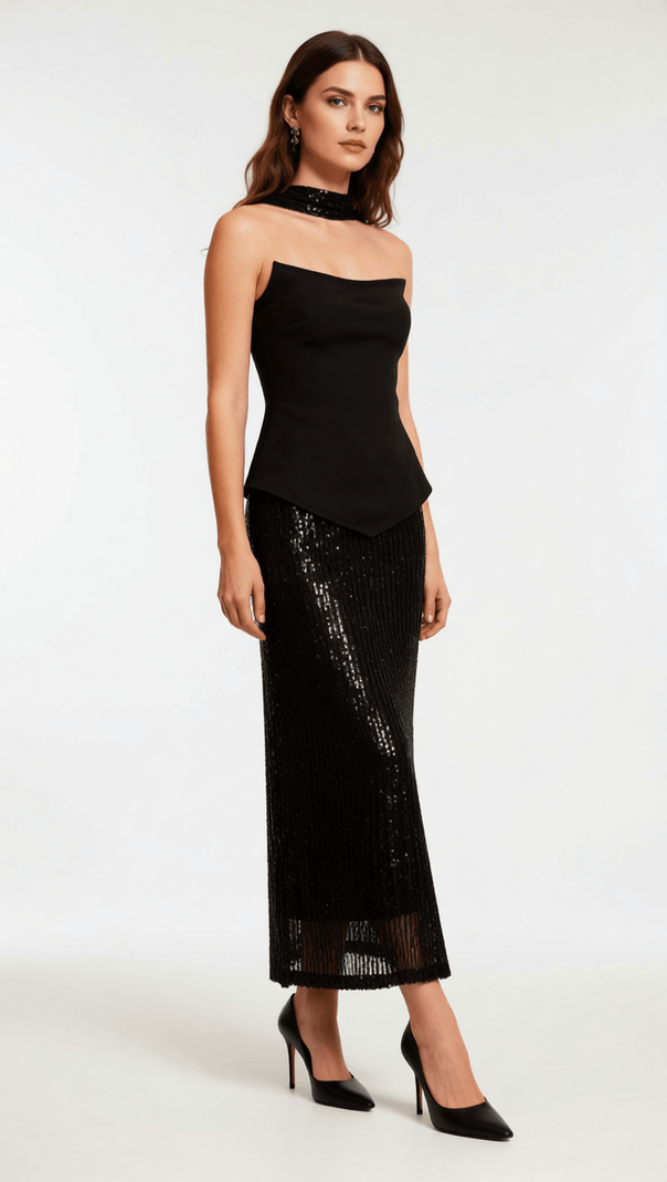 AIIZIE Isadora Black Sequin Glamour Two-Piece Set | Strapless Top & Maxi Skirt - product image
