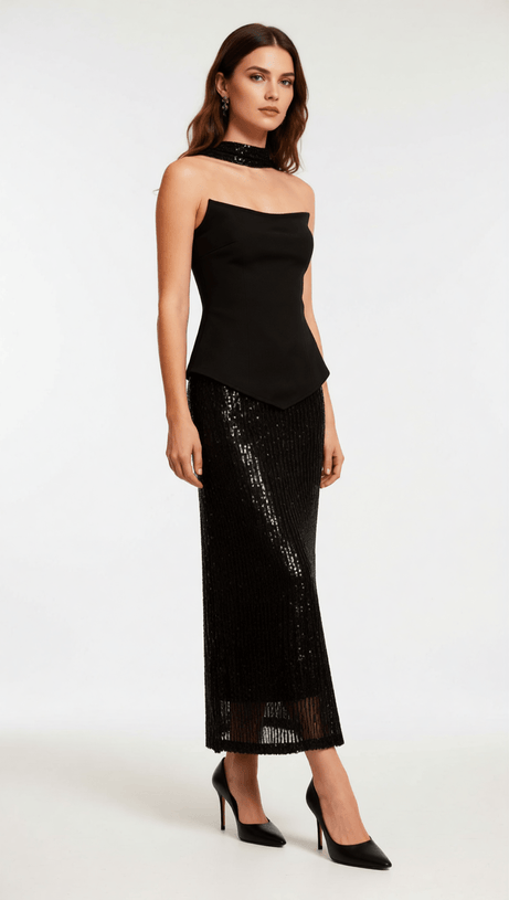 Isadora Black Sequin Glamour Two-Piece Set | Strapless Top & Maxi Skirt