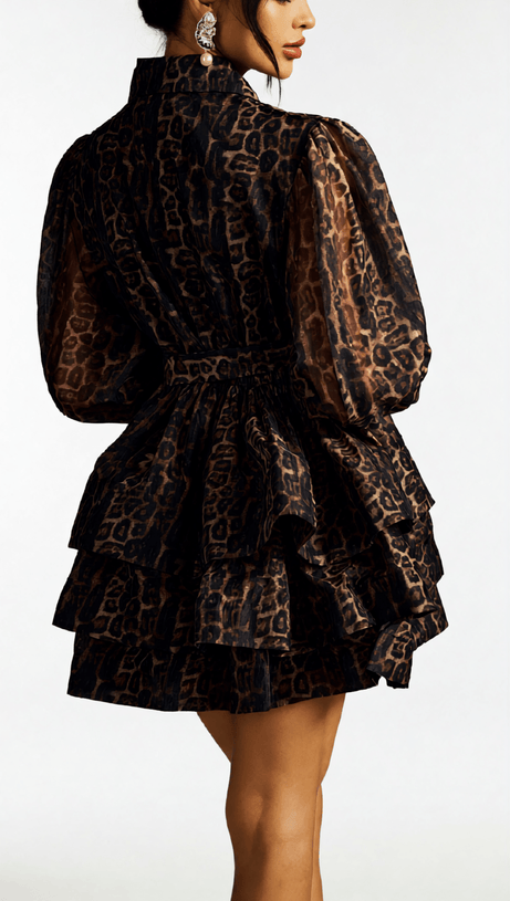 HAZRA FIERCE LEOPARD PRINT TIERED MINI DRESS | VOLUMINOUS SLEEVES & TIE WAIST