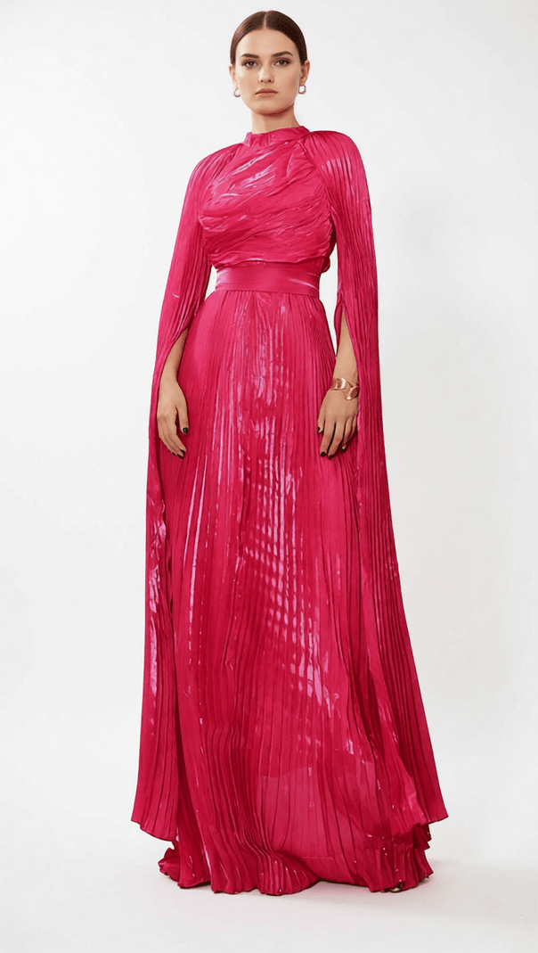 AIIZIE HODAYA VIBRANT PINK PLEATED LONG SLEEVE MAXI DRESS - ELEGANT FORMAL GOWN - product image