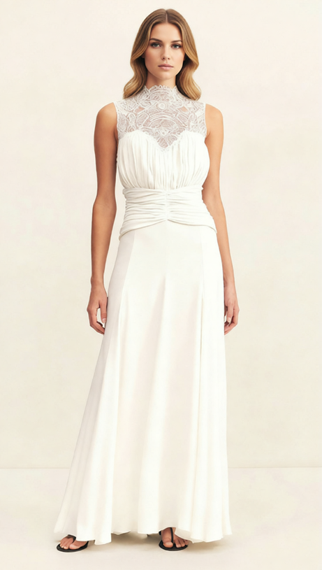 IONA ELEGANT BLACK LACE RUCHED SLEEVELESS MAXI GOWN