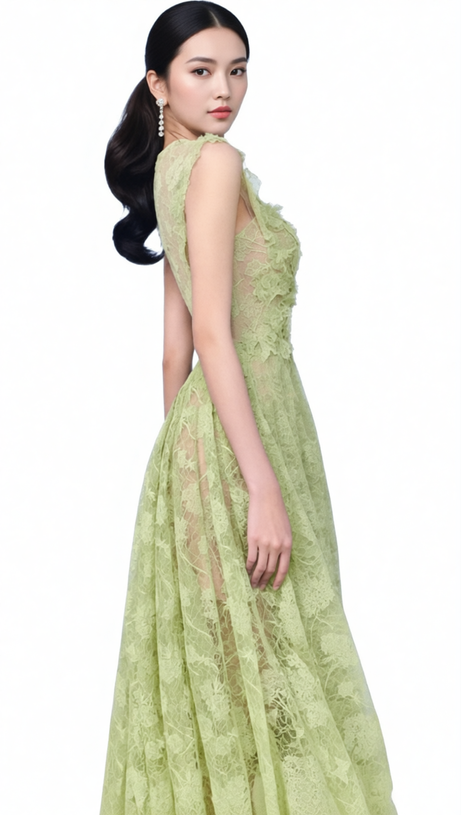 HISAYE ENCHANTING LACE & MESH PLEATED MIDI DRESS - ETHEREAL GREEN FOR SPECIAL OCCASIONS